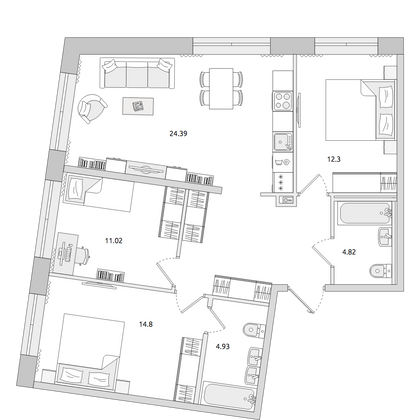 Продажа 3-комнатной квартиры 84,9 м², 1/4 этаж