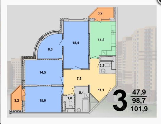 Продажа 3-комнатной квартиры 99,1 м², 6/20 этаж
