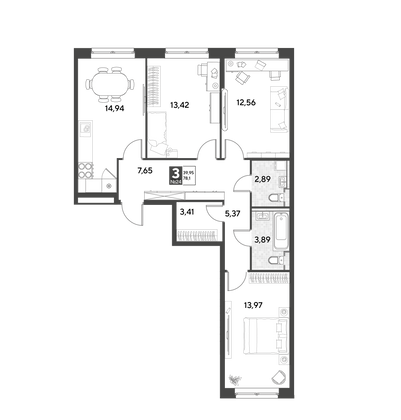 Продажа 3-комнатной квартиры 78,1 м², 4/25 этаж