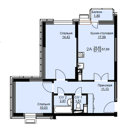 Продажа 2-комнатной квартиры 57,7 м², 2/17 этаж