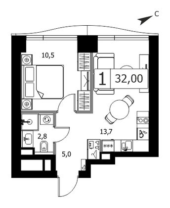 30,7 м², 1-комн. квартира, 2/48 этаж