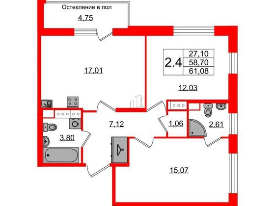 Продажа 2-комнатной квартиры 58,7 м², 6/12 этаж