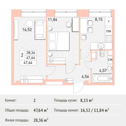 Продажа 2-комнатной квартиры 47,6 м², 2/17 этаж