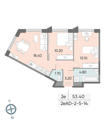Продажа 2-комнатной квартиры 53,4 м², 5/58 этаж