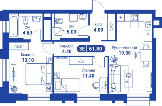 61,8 м², 3-комн. квартира, 2/26 этаж