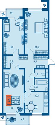 91,1 м², 3-комн. квартира, 2/23 этаж