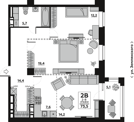 76,4 м², 2-комн. квартира, 14/18 этаж