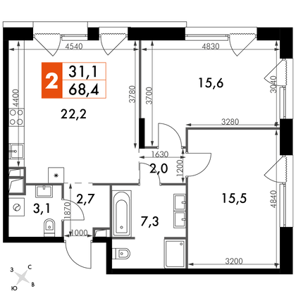 68,4 м², 2-комн. квартира, 10/16 этаж