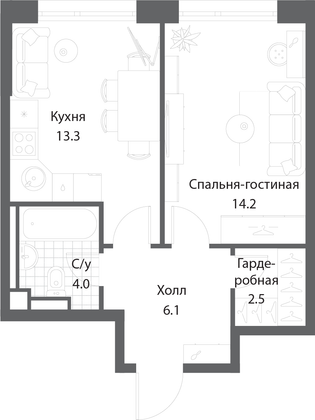Продажа 1-комнатной квартиры 40,1 м², 8/35 этаж