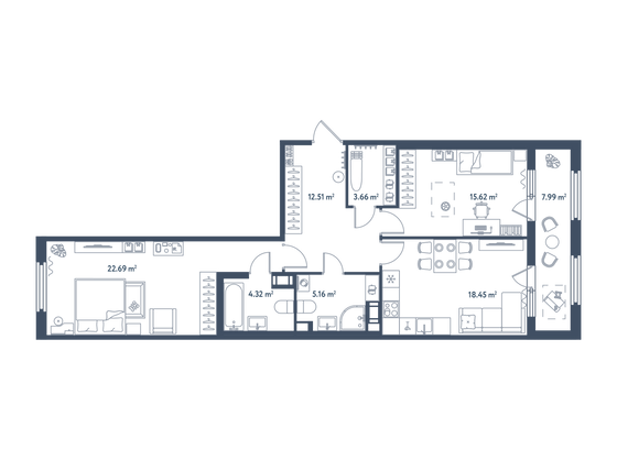 86,4 м², 2-комн. квартира, 2/11 этаж