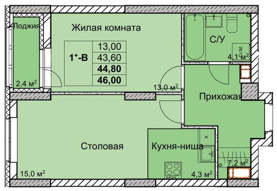 Продажа 1-комнатной квартиры 44,8 м², 18/18 этаж