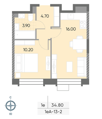 34,8 м², 1-комн. квартира, 2/30 этаж