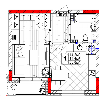 Продажа 1-комнатной квартиры 36 м², 3/4 этаж