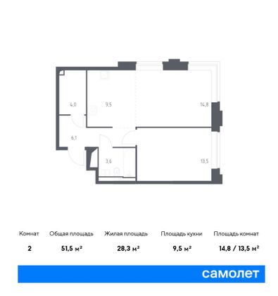 Продажа 2-комнатной квартиры 51,5 м², 3/14 этаж