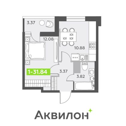 31,8 м², 1-комн. квартира, 12/13 этаж