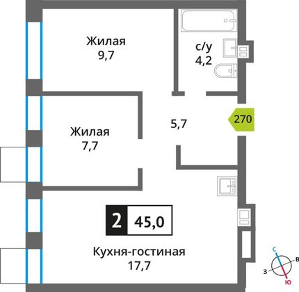 Продажа 2-комнатной квартиры 45 м², 5/6 этаж