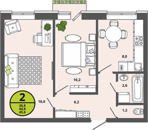 44,8 м², 2-комн. квартира, 2/3 этаж