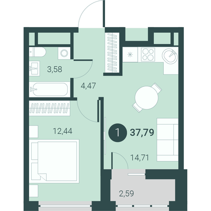 37,8 м², 1-комн. квартира, 2/10 этаж