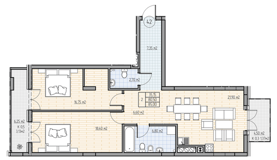 85,2 м², 2-комн. квартира, 7/7 этаж