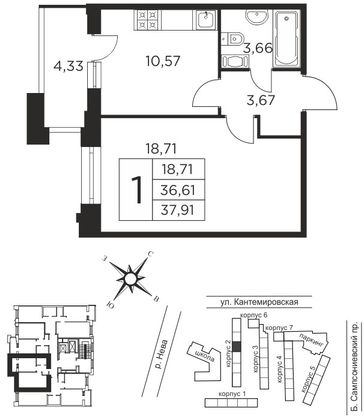 Продажа 1-комнатной квартиры 36,6 м², 3/12 этаж