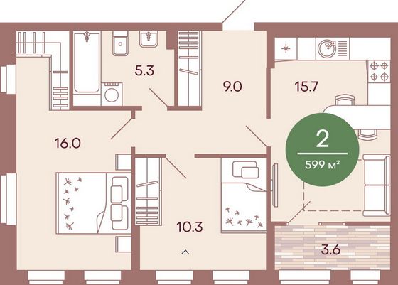 Продажа 2-комнатной квартиры 59,5 м², 1/17 этаж