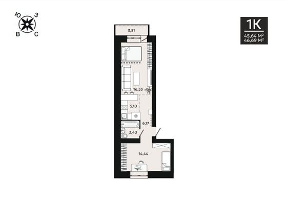 46,7 м², 1-комн. квартира, 6/8 этаж