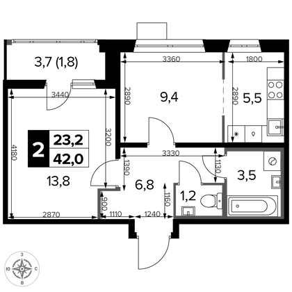 42,1 м², 2-комн. квартира, 13/14 этаж