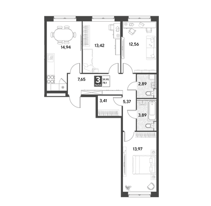 Продажа 3-комнатной квартиры 78,1 м², 8/25 этаж