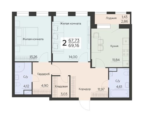 Продажа 2-комнатной квартиры 69,2 м², 7 этаж