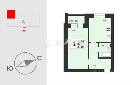 Продажа 1-комнатной квартиры 39,1 м², 2/4 этаж