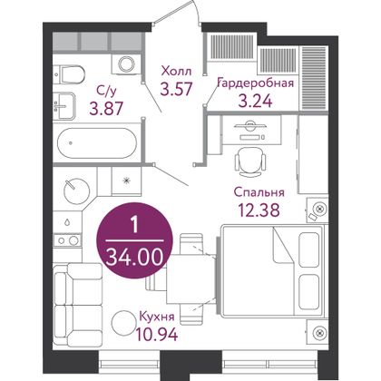 Продажа квартиры-студии 34 м², 9/14 этаж