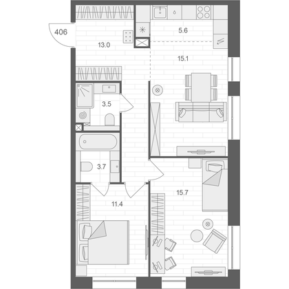 68 м², 2-комн. квартира, 4/12 этаж