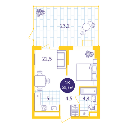 59,7 м², 1-комн. квартира, 1/18 этаж