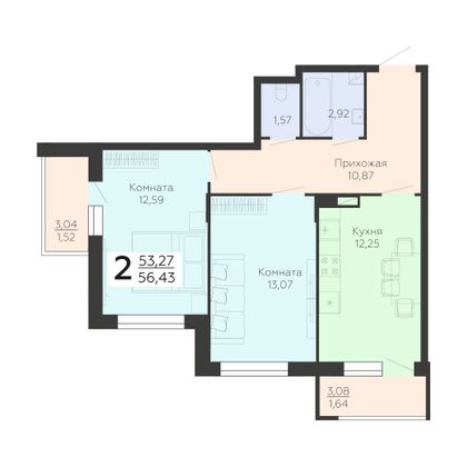 Продажа 2-комнатной квартиры 56,4 м², 5/19 этаж