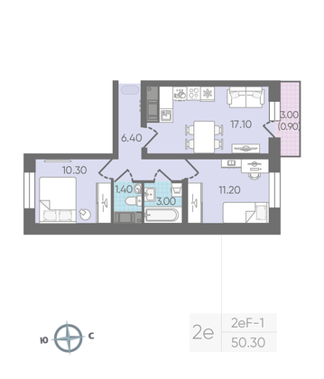 Продажа 2-комнатной квартиры 50,3 м², 3/16 этаж