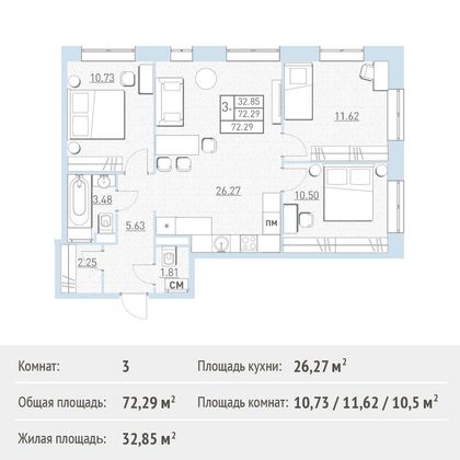 Продажа 3-комнатной квартиры 72,1 м², 1/6 этаж