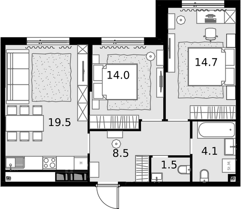 62,3 м², 2-комн. квартира, 24/28 этаж