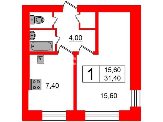 Продажа 1-комнатной квартиры 31,4 м², 9/9 этаж