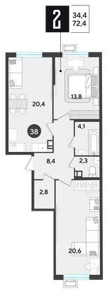 Продажа 2-комнатной квартиры 72,4 м², 5/18 этаж