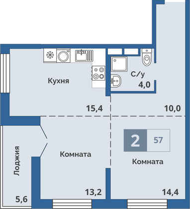 57 м², 2-комн. квартира, 15/15 этаж