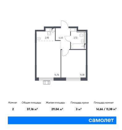 Продажа 2-комнатной квартиры 37,2 м², 14/17 этаж