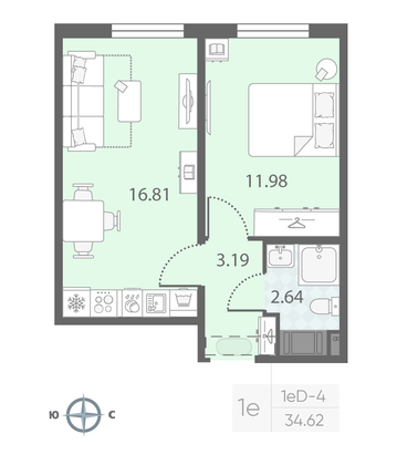 Продажа 1-комнатной квартиры 34,6 м², 13/23 этаж