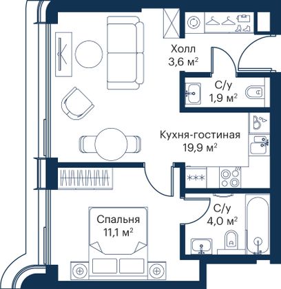 Продажа 1-комнатной квартиры 40,5 м², 35/53 этаж