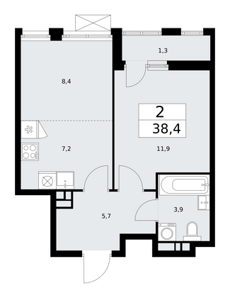 38,4 м², 2-комн. квартира, 6/18 этаж