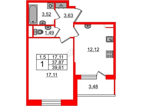 Продажа 1-комнатной квартиры 37,9 м², 2/5 этаж