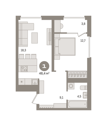 Продажа 1-комнатной квартиры 48,4 м², 12/14 этаж