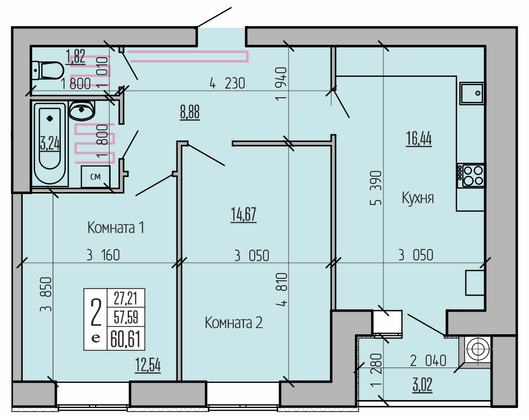 Продажа 2-комнатной квартиры 60,6 м², 7/10 этаж