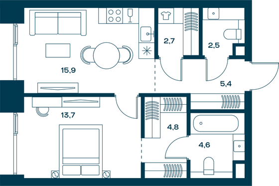 49,6 м², 1-комн. квартира, 2/27 этаж