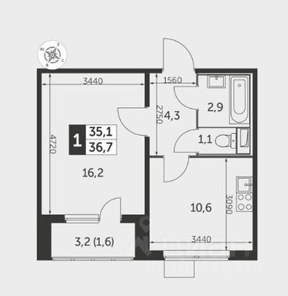 Продажа 1-комнатной квартиры 36,7 м², 21/25 этаж