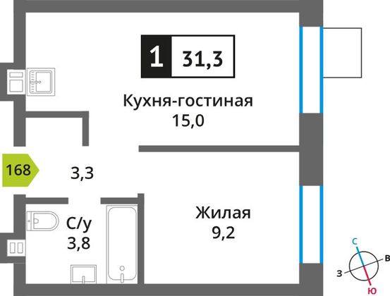 Продажа 1-комнатной квартиры 31,3 м², 3/9 этаж